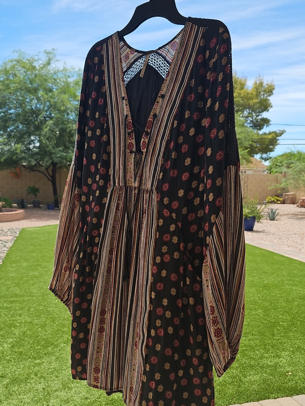 Free People Brown Striped Floral V-Neck Boho Dress